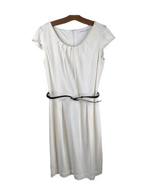 Calvin Klein Sheath Dress Size 12 Belted Ponte Cap Sleeve Career Eggshell White
